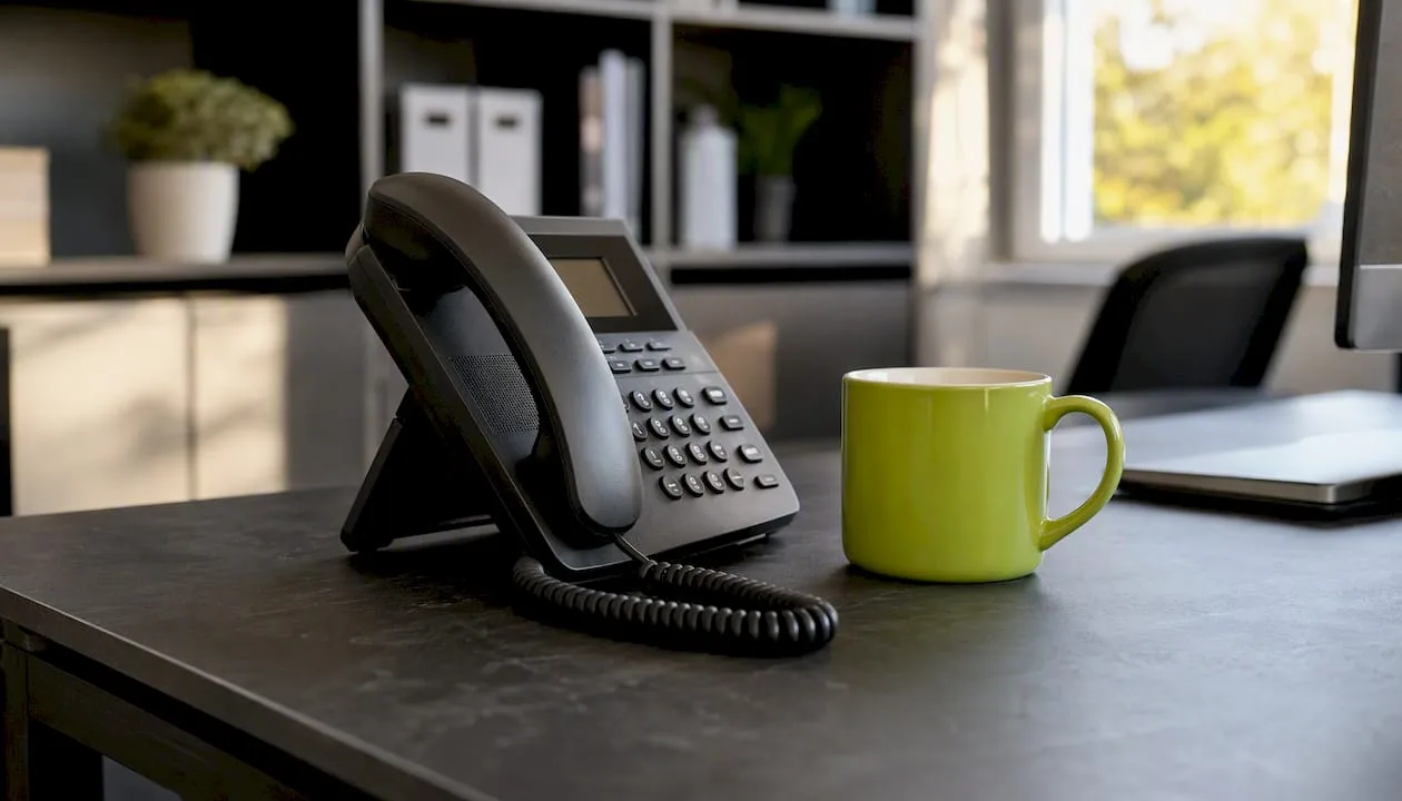 Business phone handset on desk ready for calls