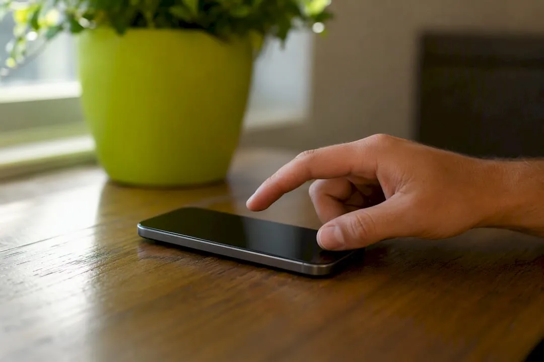 Hand reaching toward smartphone on desk