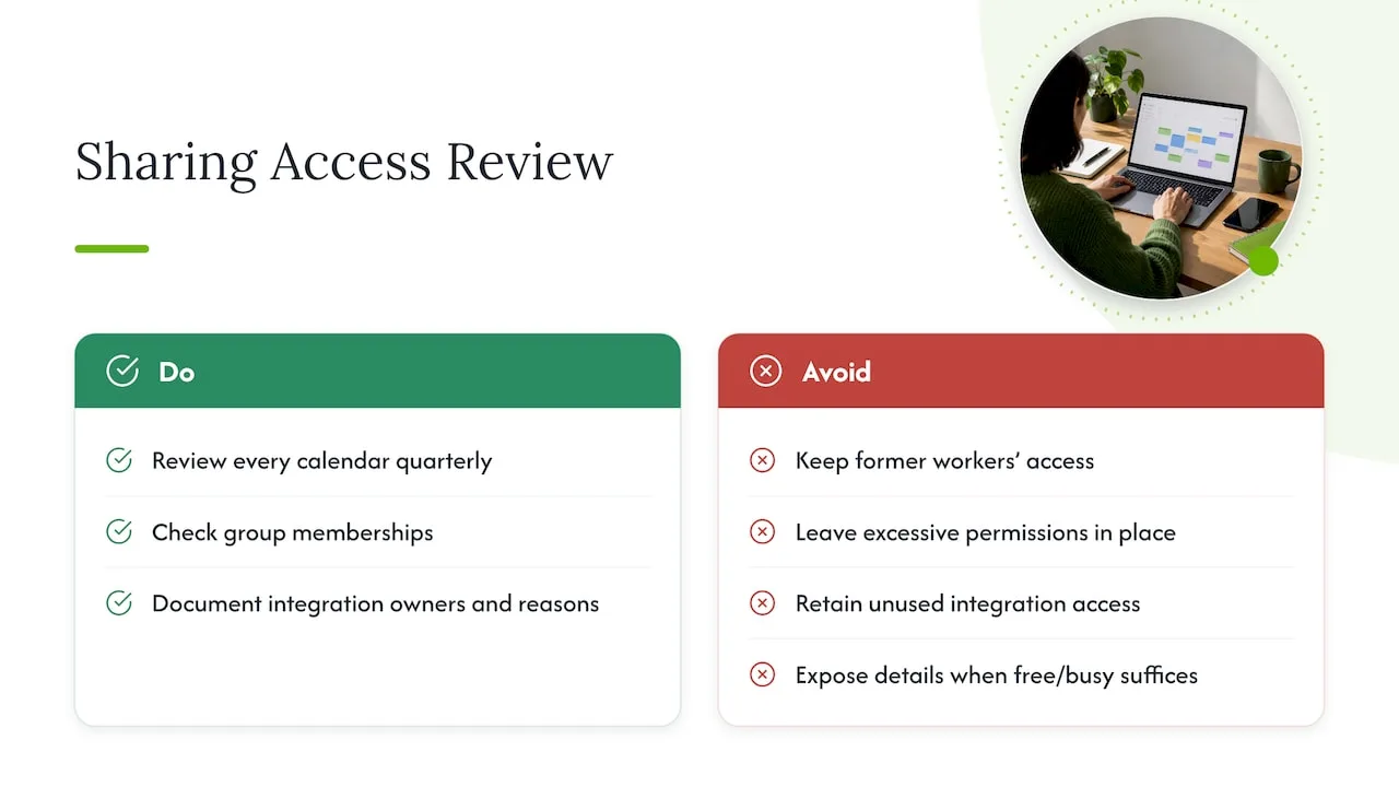 How to audit and review calendar sharing settings regularly — overview diagram